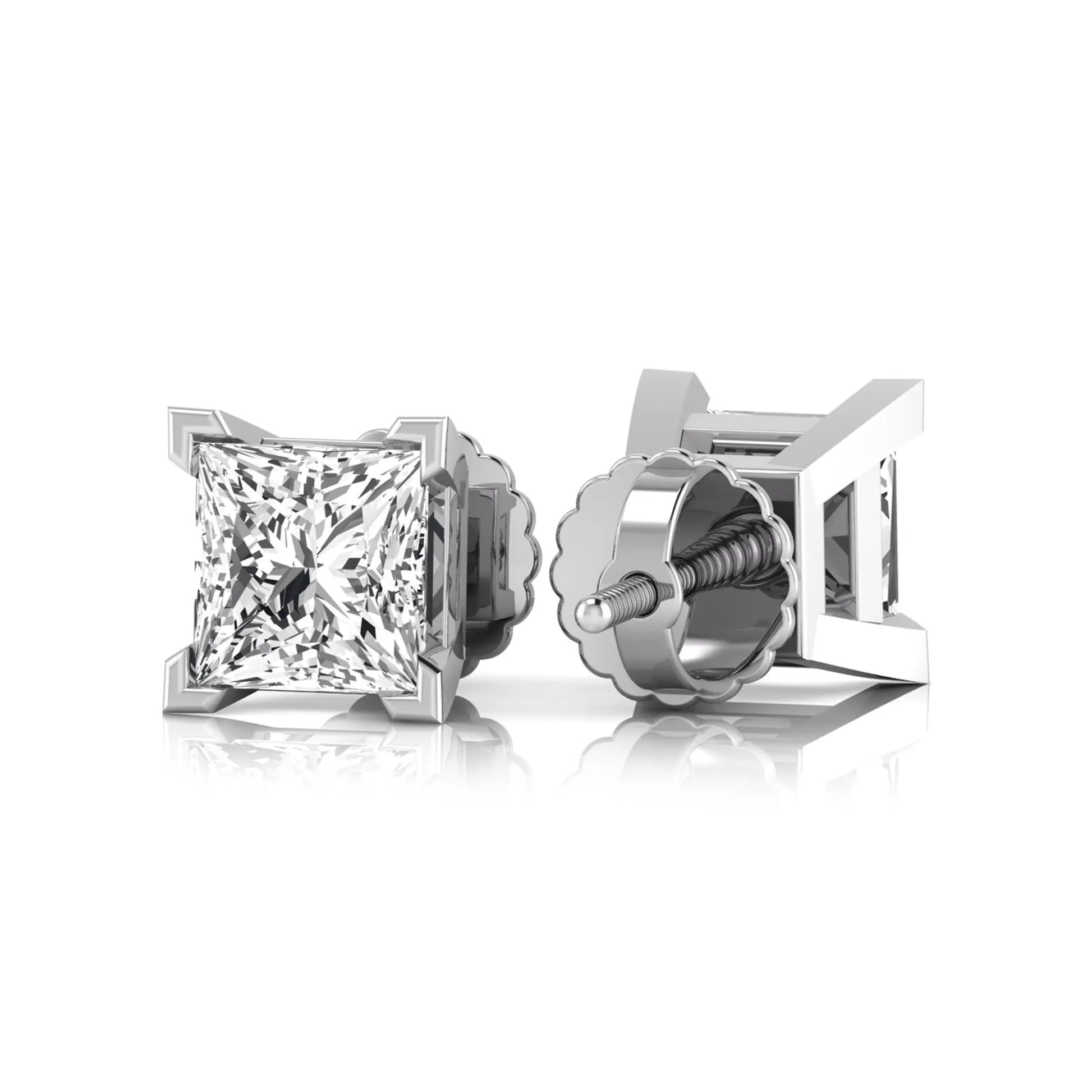 white gold Princess cut lab grown diamond stud earrings in a four-prong basket setting with secure screw-back posts