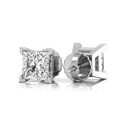 white gold Princess cut lab grown diamond stud earrings in a four-prong basket setting with secure screw-back posts