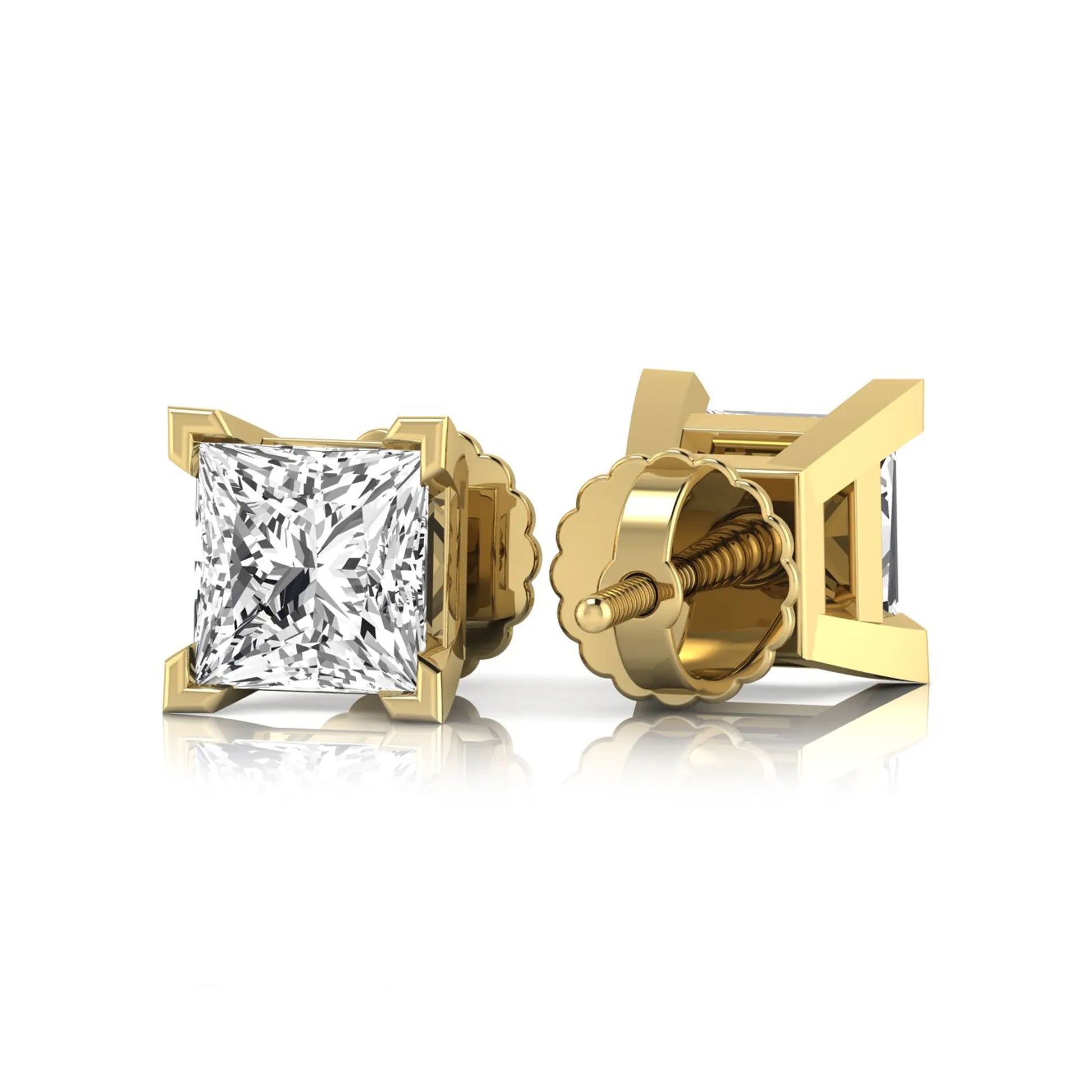 yellow gold Princess cut lab grown diamond stud earrings in a four-prong basket setting with secure screw-back posts
