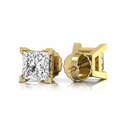 yellow gold Princess cut lab grown diamond stud earrings in a four-prong basket setting with secure screw-back posts
