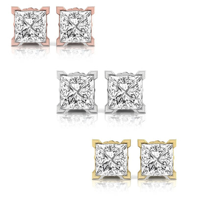 Set of diamond stud earrings in rose , white , and yellow on a white background.