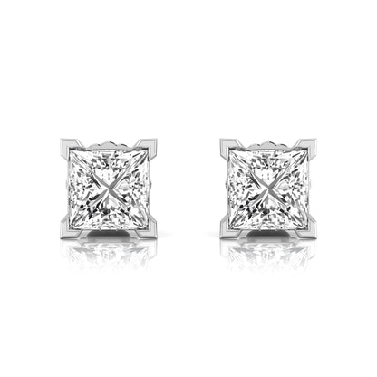 white gold Princess cut lab grown diamond stud earrings in a four-prong basket setting with secure screw-back posts