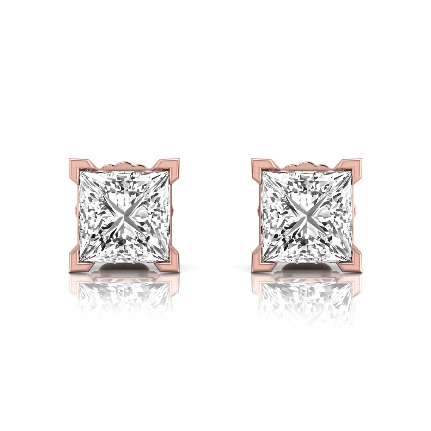 rose gold Princess cut lab grown diamond stud earrings in a four-prong basket setting with secure screw-back posts