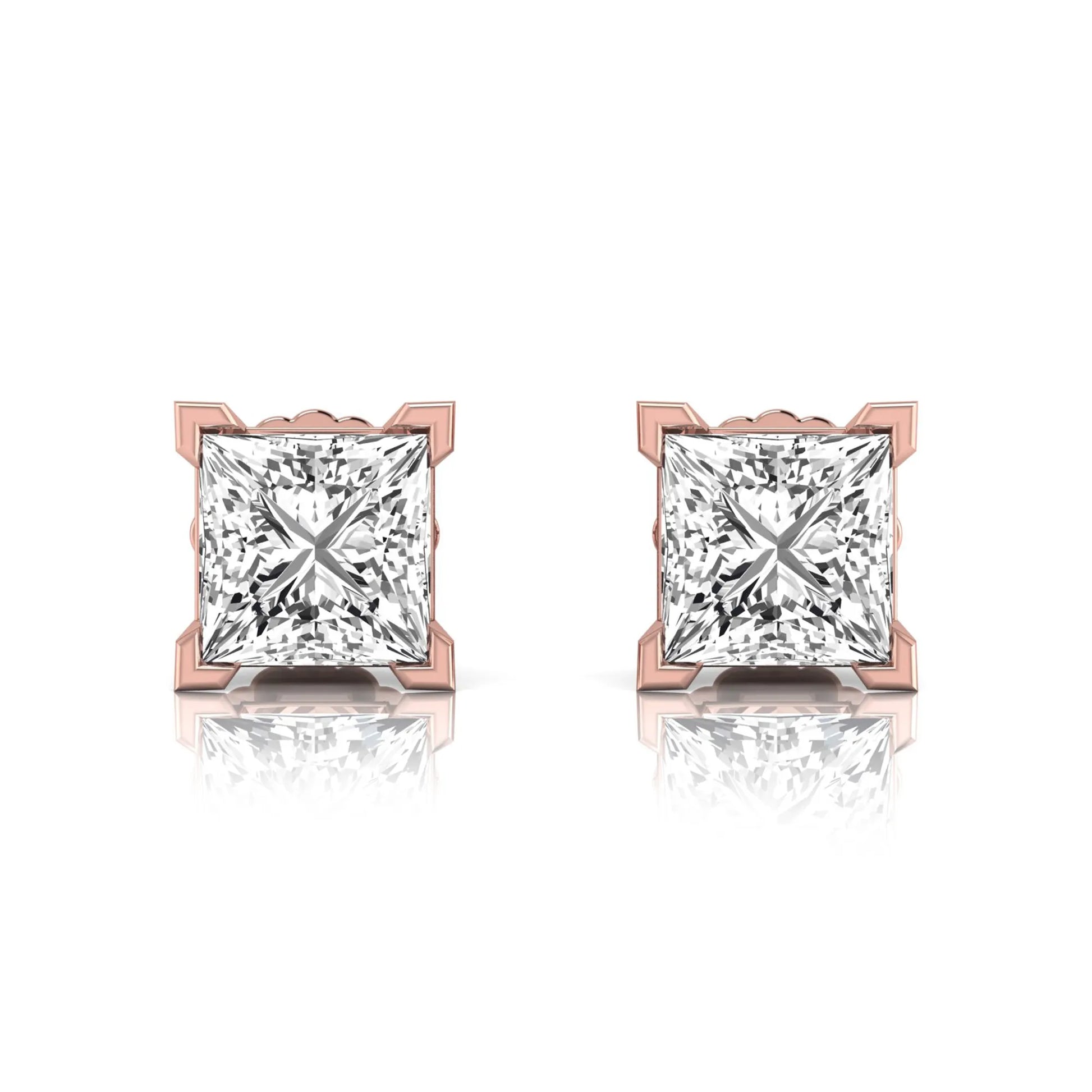 rose gold Princess cut lab grown diamond stud earrings in a four-prong basket setting with secure screw-back posts