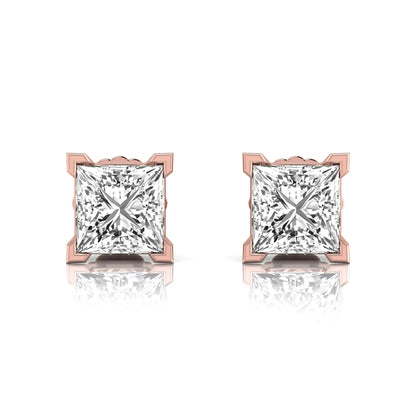 rose gold Princess cut lab grown diamond stud earrings in a four-prong basket setting with secure screw-back posts