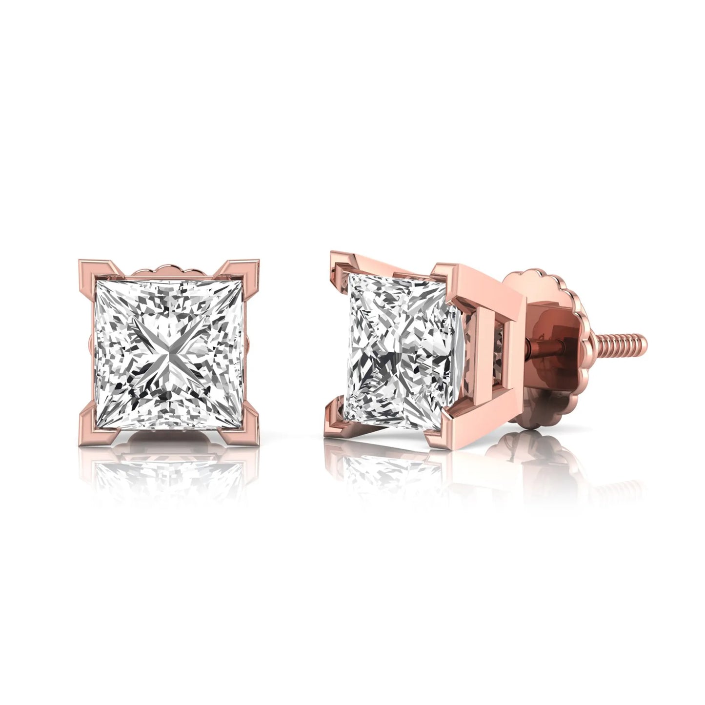 rose gold Princess cut lab grown diamond stud earrings in a four-prong basket setting with secure screw-back posts
