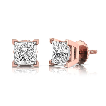 rose gold Princess cut lab grown diamond stud earrings in a four-prong basket setting with secure screw-back posts