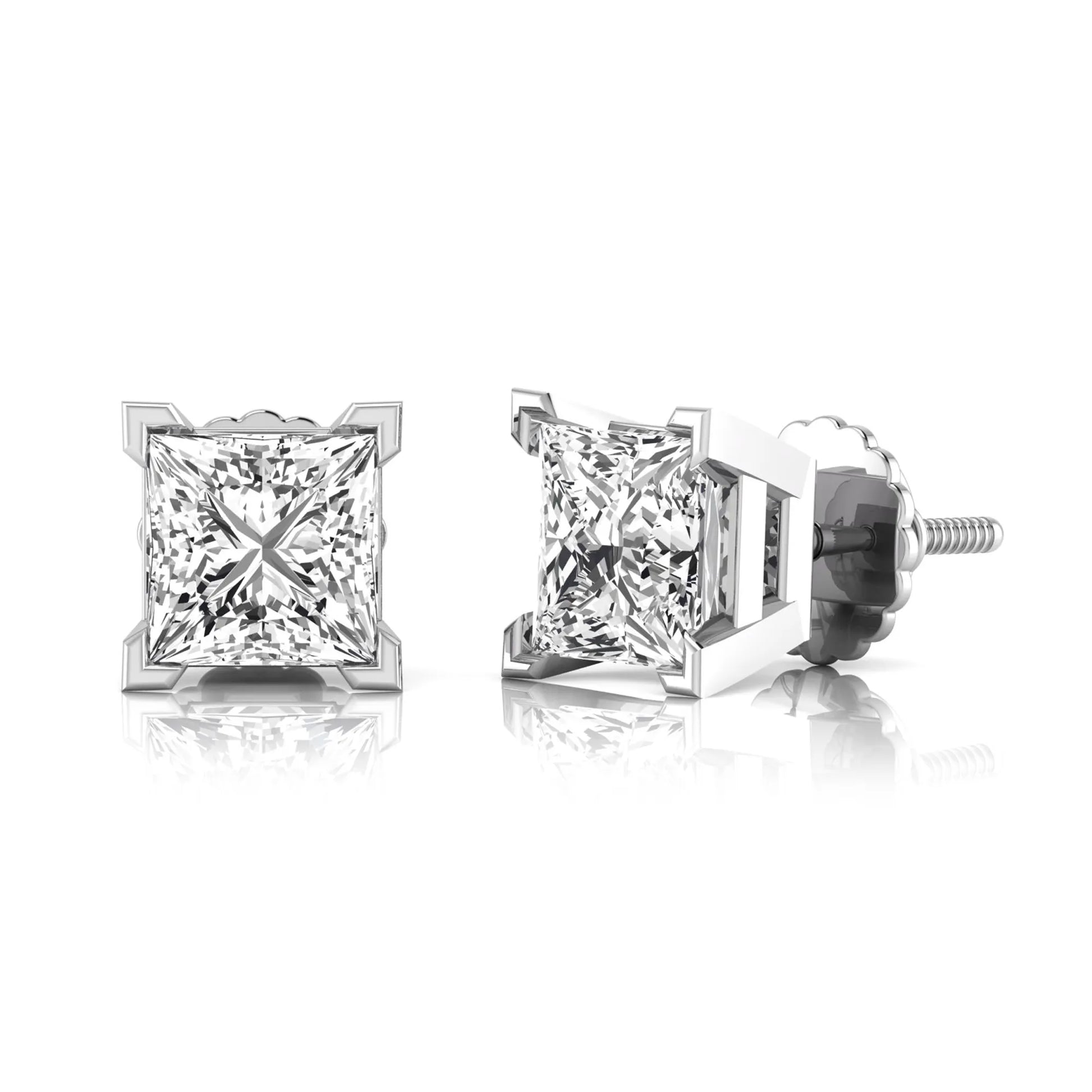 white gold Princess cut lab grown diamond stud earrings in a four-prong basket setting with secure screw-back posts
