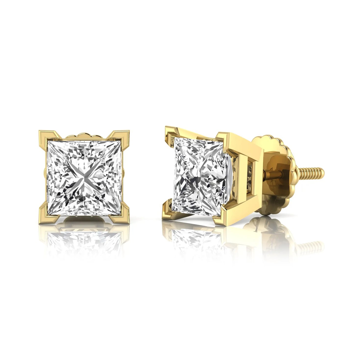 yellow gold Princess cut lab grown diamond stud earrings in a four-prong basket setting with secure screw-back posts