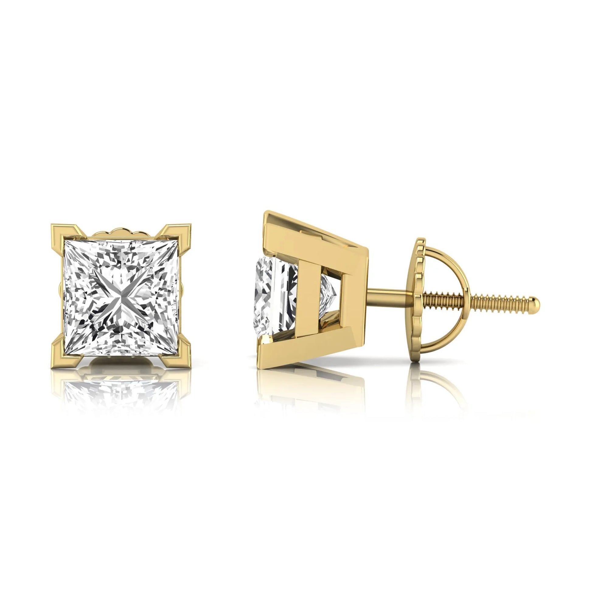yellow gold Princess cut lab grown diamond stud earrings in a four-prong basket setting with secure screw-back posts