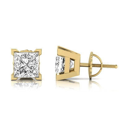 yellow gold Princess cut lab grown diamond stud earrings in a four-prong basket setting with secure screw-back posts