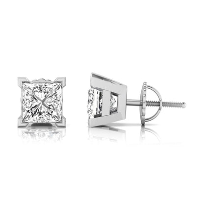 white gold Princess cut lab grown diamond stud earrings in a four-prong basket setting with secure screw-back posts
