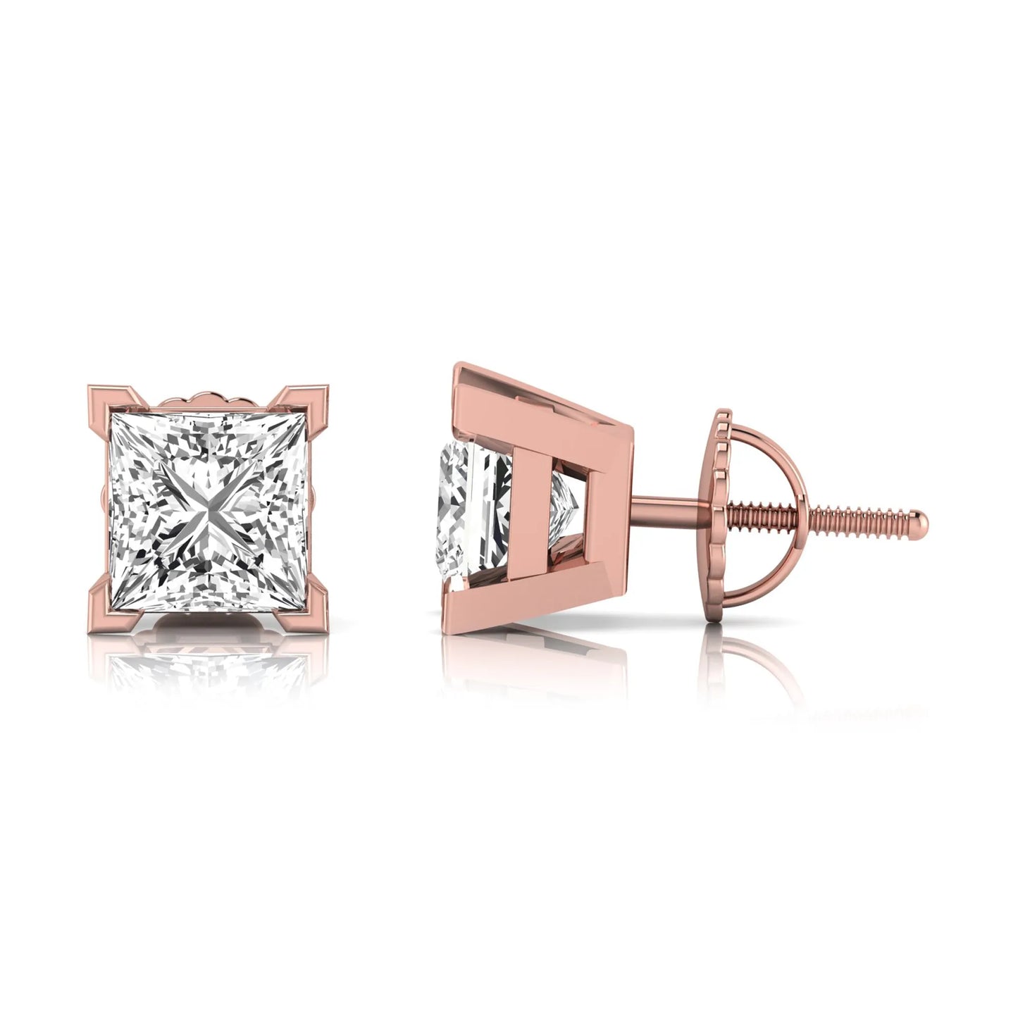 rose gold Princess cut lab grown diamond stud earrings in a four-prong basket setting with secure screw-back posts