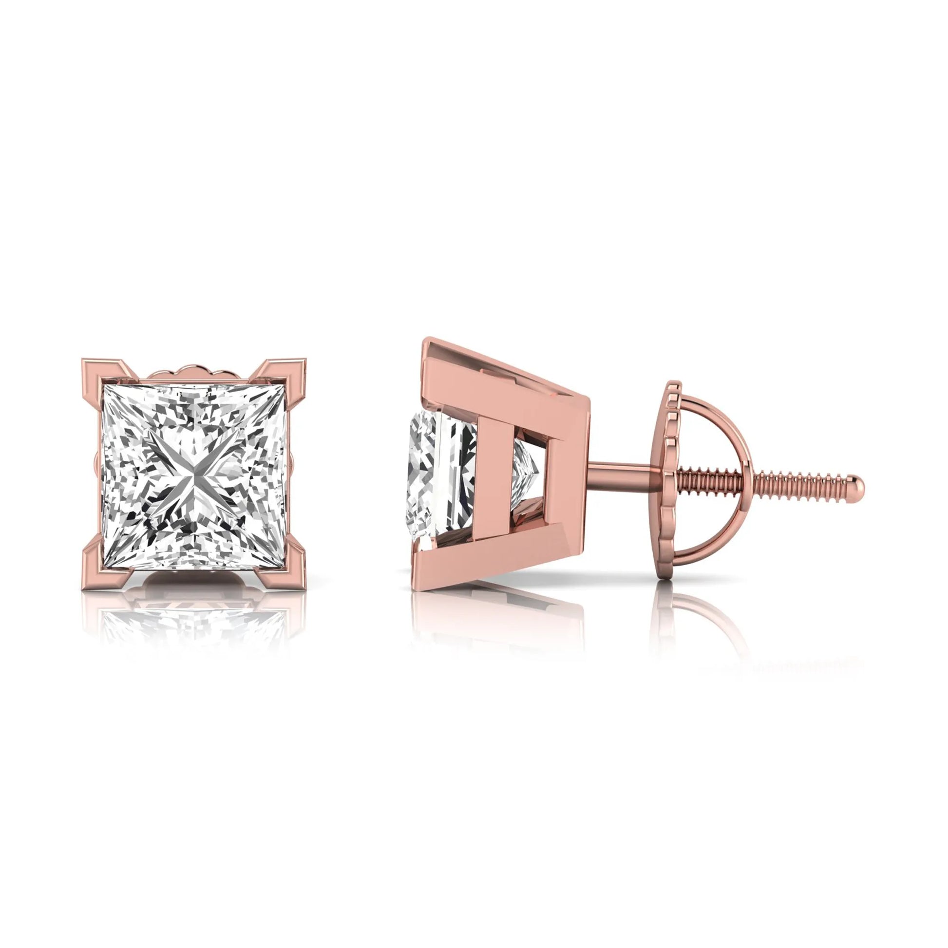 rose gold Princess cut lab grown diamond stud earrings in a four-prong basket setting with secure screw-back posts