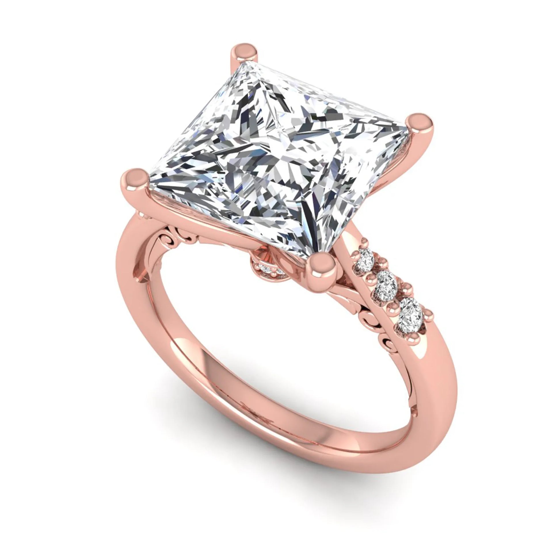 Princess cut lab grown diamond vintage solitaire engagement ring featuring a 4.12 carat IGI certified center diamond with vintage scrollwork and round diamond accents in rose gold
