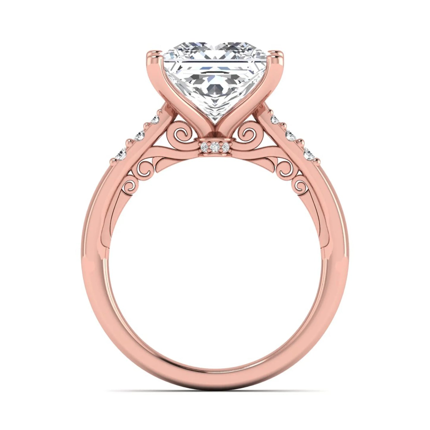 Princess cut lab grown diamond vintage solitaire engagement ring featuring a 4.12 carat IGI certified center diamond with vintage scrollwork and round diamond accents in rose gold