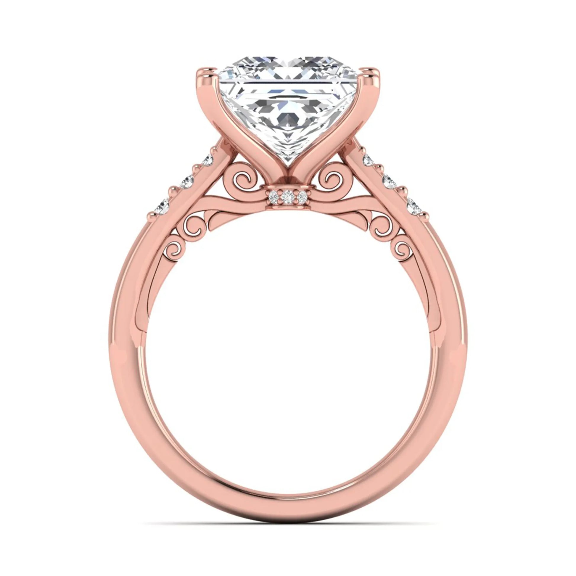 Princess cut lab grown diamond vintage solitaire engagement ring featuring a 4.12 carat IGI certified center diamond with vintage scrollwork and round diamond accents in rose gold