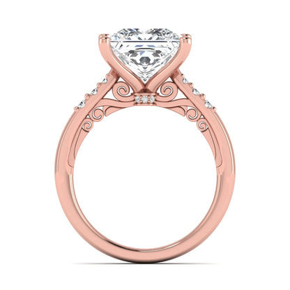 Princess cut lab grown diamond vintage solitaire engagement ring featuring a 4.12 carat IGI certified center diamond with vintage scrollwork and round diamond accents in rose gold
