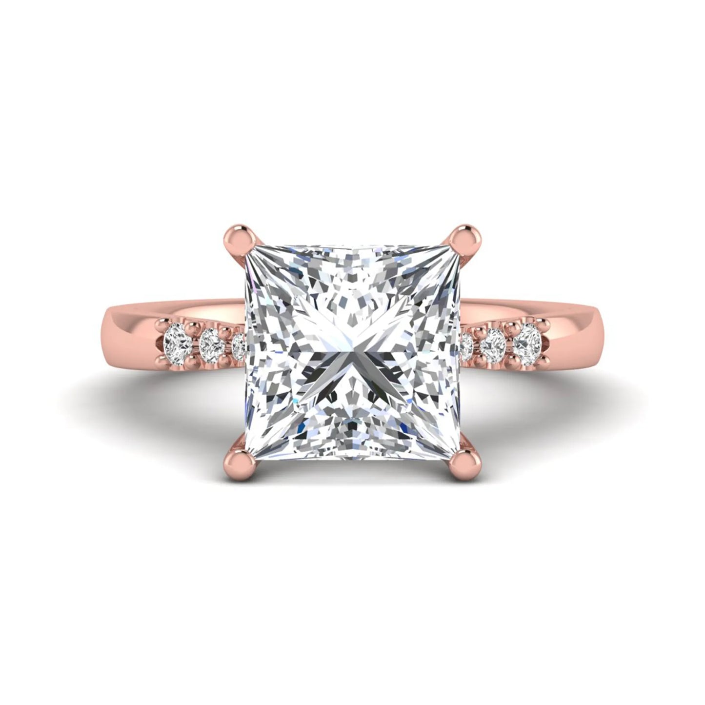 Princess cut lab grown diamond vintage solitaire engagement ring featuring a 4.12 carat IGI certified center diamond with vintage scrollwork and round diamond accents in rose gold