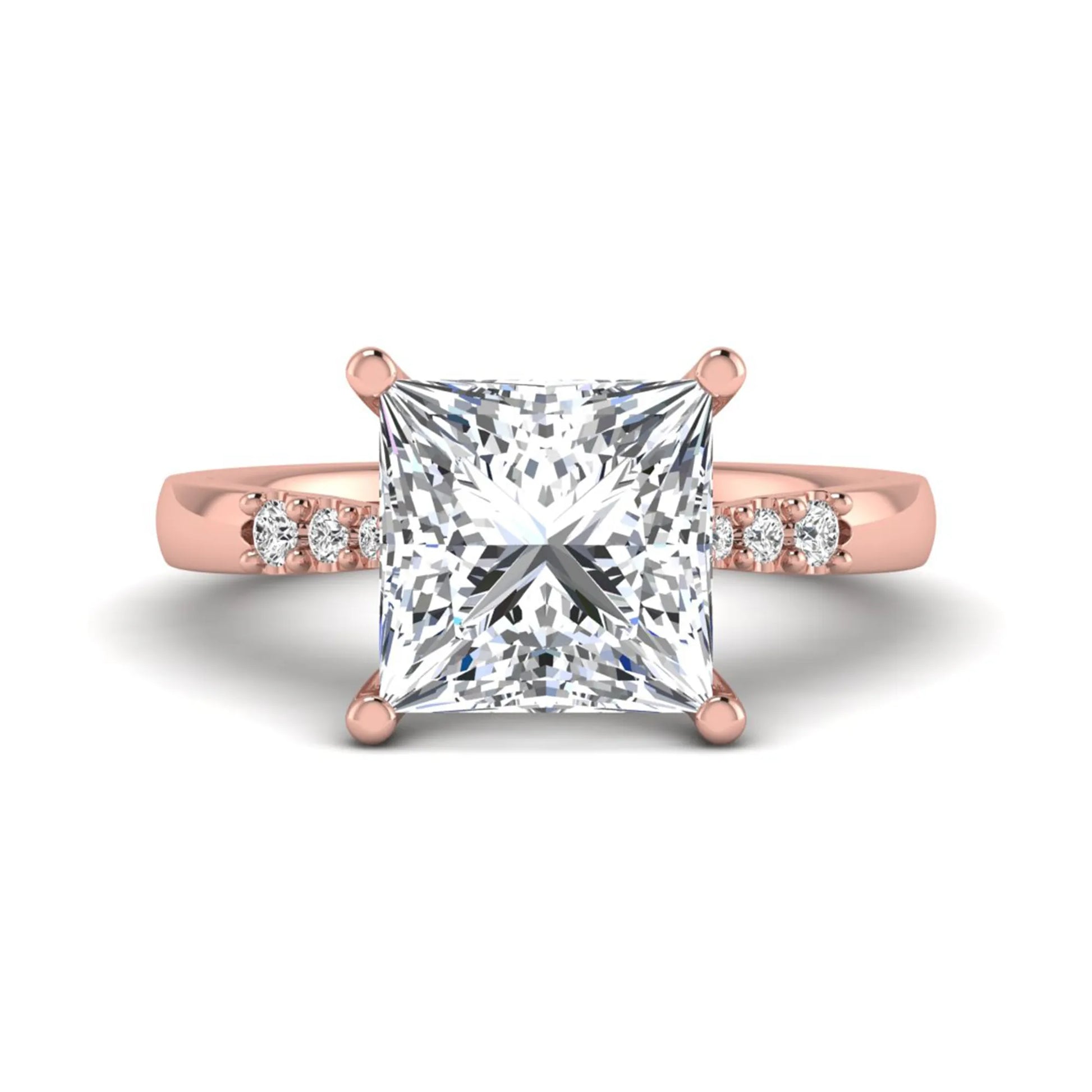 Princess cut lab grown diamond vintage solitaire engagement ring featuring a 4.12 carat IGI certified center diamond with vintage scrollwork and round diamond accents in rose gold