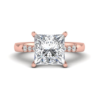 Princess cut lab grown diamond vintage solitaire engagement ring featuring a 4.12 carat IGI certified center diamond with vintage scrollwork and round diamond accents in rose gold