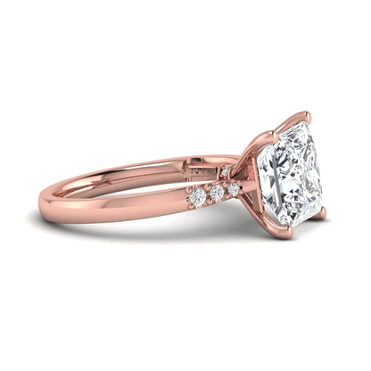 Princess cut lab grown diamond vintage solitaire engagement ring featuring a 4.12 carat IGI certified center diamond with vintage scrollwork and round diamond accents in rose gold