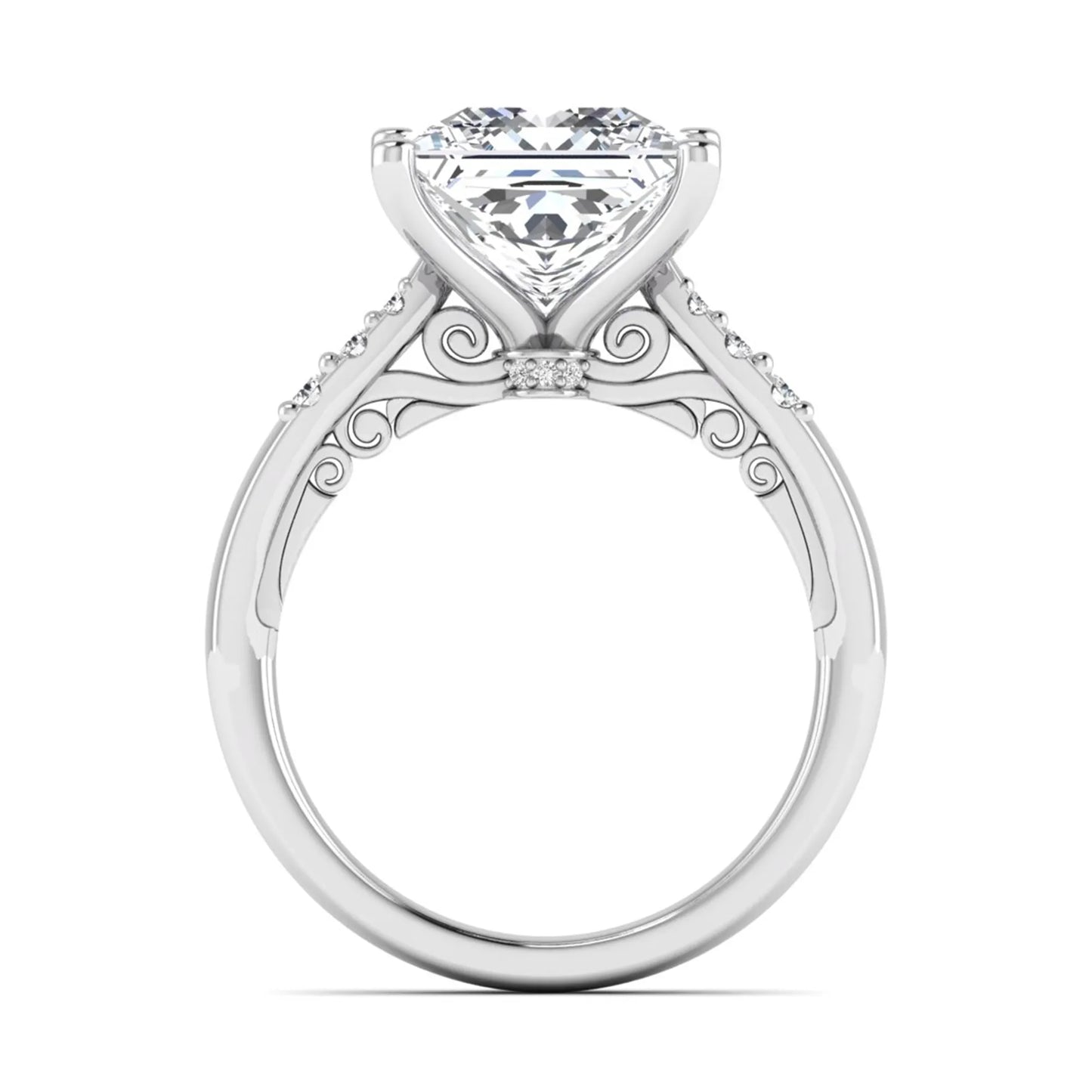 Princess cut lab grown diamond vintage solitaire engagement ring featuring a 4.12 carat IGI certified center diamond with vintage scrollwork and round diamond accents in white gold