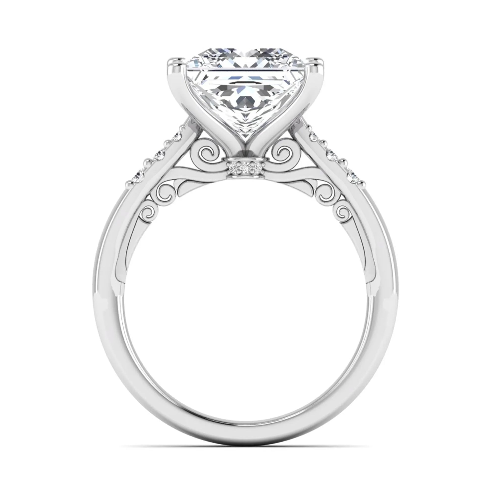 Princess cut lab grown diamond vintage solitaire engagement ring featuring a 4.12 carat IGI certified center diamond with vintage scrollwork and round diamond accents in white gold