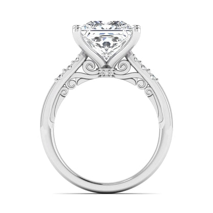 Princess cut lab grown diamond vintage solitaire engagement ring featuring a 4.12 carat IGI certified center diamond with vintage scrollwork and round diamond accents in white gold