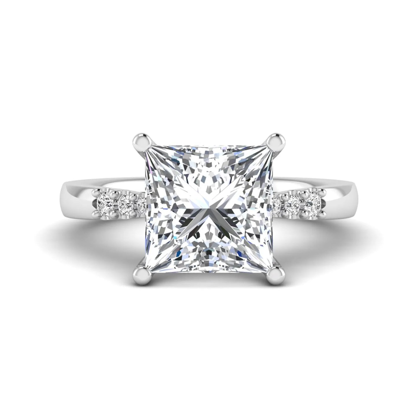 Princess cut lab grown diamond vintage solitaire engagement ring featuring a 4.12 carat IGI certified center diamond with vintage scrollwork and round diamond accents in white gold