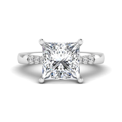 Princess cut lab grown diamond vintage solitaire engagement ring featuring a 4.12 carat IGI certified center diamond with vintage scrollwork and round diamond accents in white gold