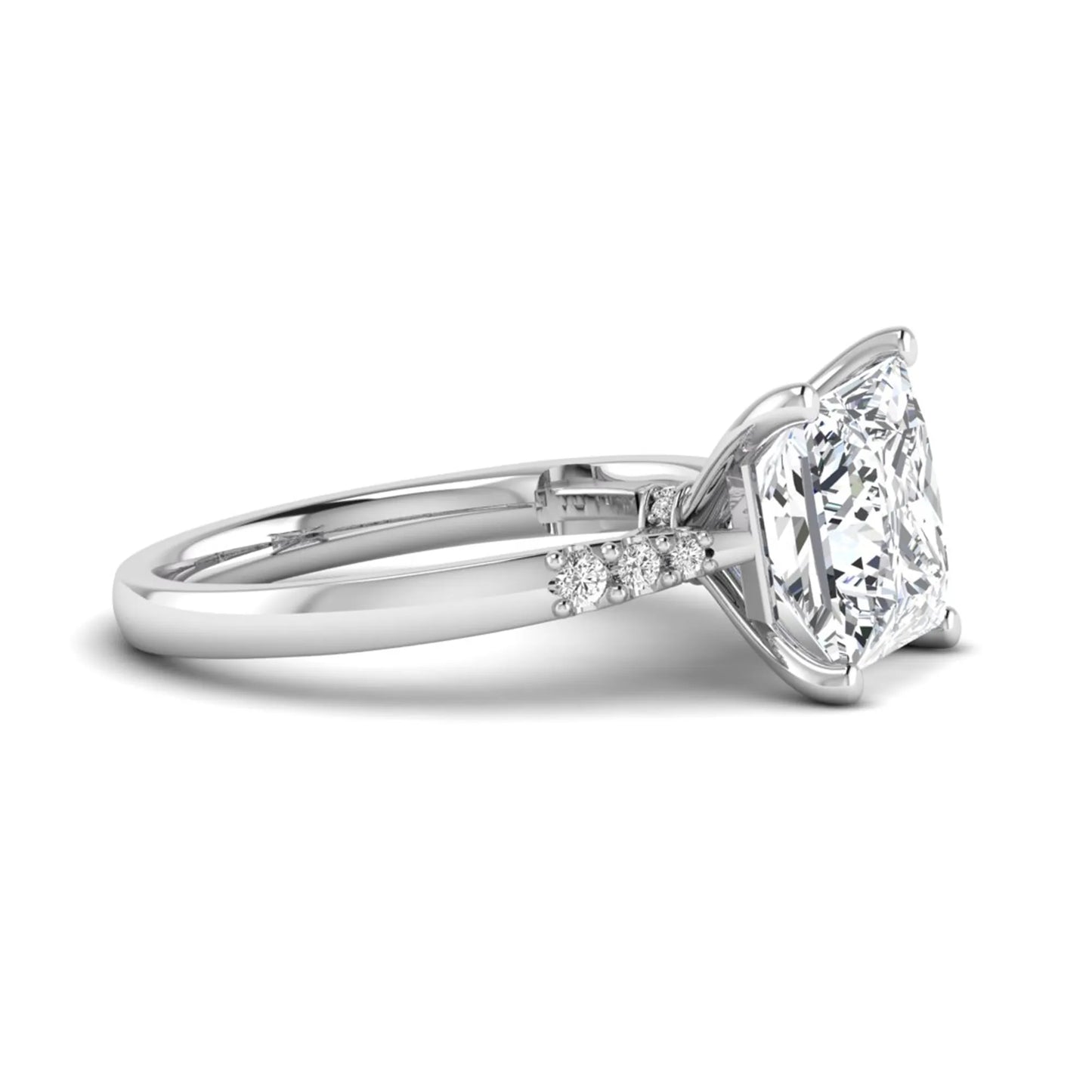 Princess cut lab grown diamond vintage solitaire engagement ring featuring a 4.12 carat IGI certified center diamond with vintage scrollwork and round diamond accents in white gold