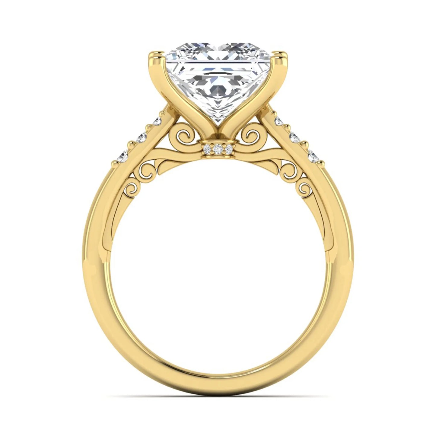 Princess cut lab grown diamond vintage solitaire engagement ring featuring a 4.12 carat IGI certified center diamond with vintage scrollwork and round diamond accents in yellow gold