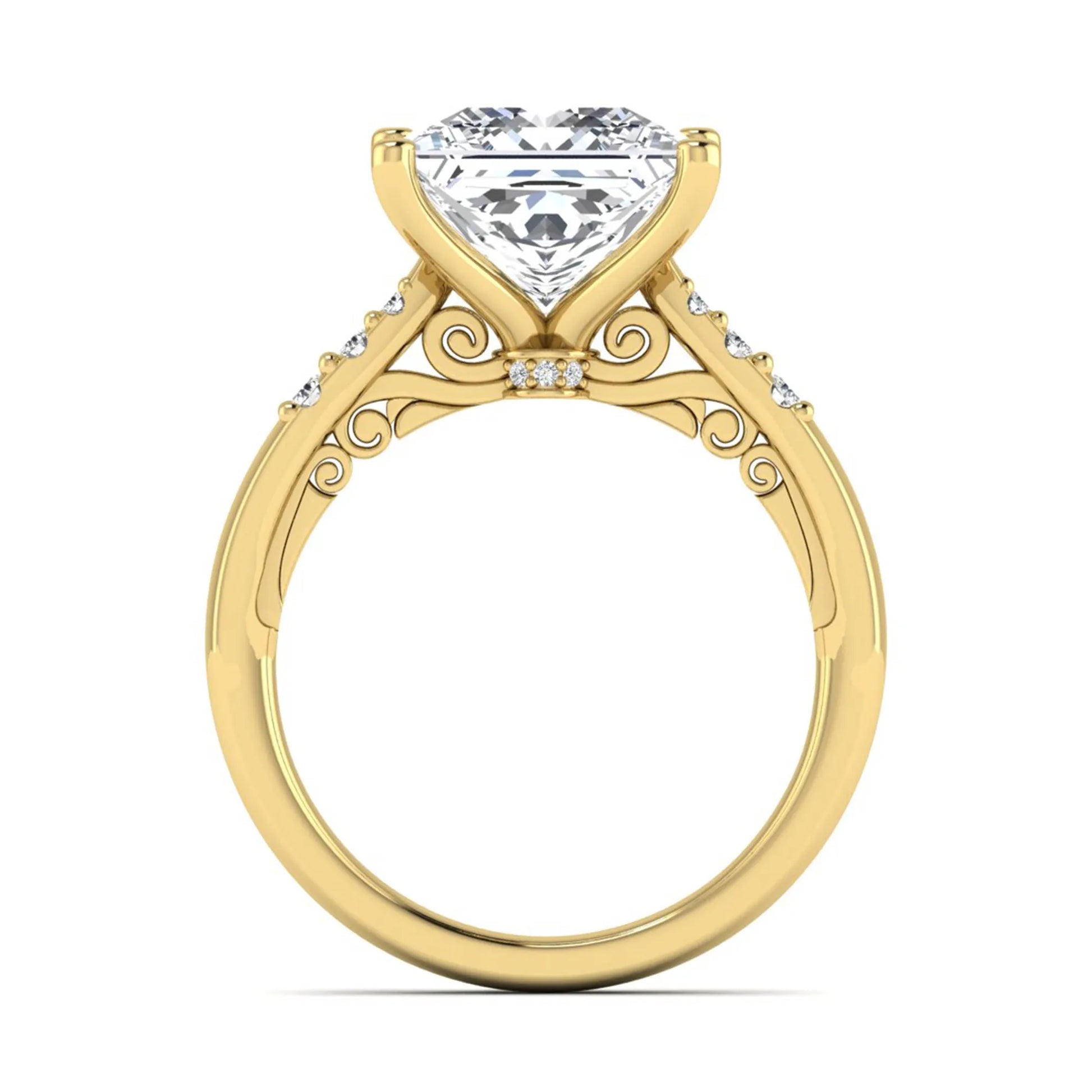 Princess cut lab grown diamond vintage solitaire engagement ring featuring a 4.12 carat IGI certified center diamond with vintage scrollwork and round diamond accents in yellow gold