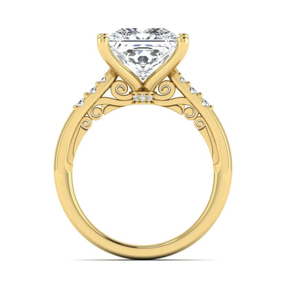 Princess cut lab grown diamond vintage solitaire engagement ring featuring a 4.12 carat IGI certified center diamond with vintage scrollwork and round diamond accents in yellow gold
