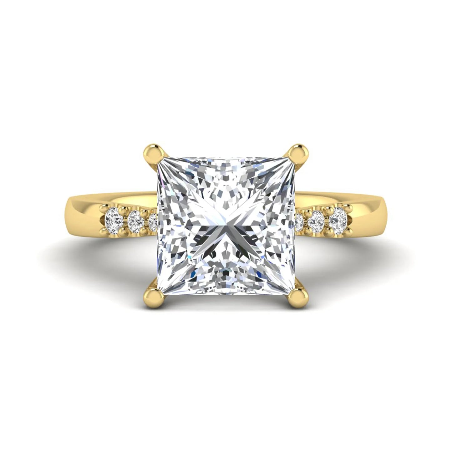 Princess cut lab grown diamond vintage solitaire engagement ring featuring a 4.12 carat IGI certified center diamond with vintage scrollwork and round diamond accents in yellow gold