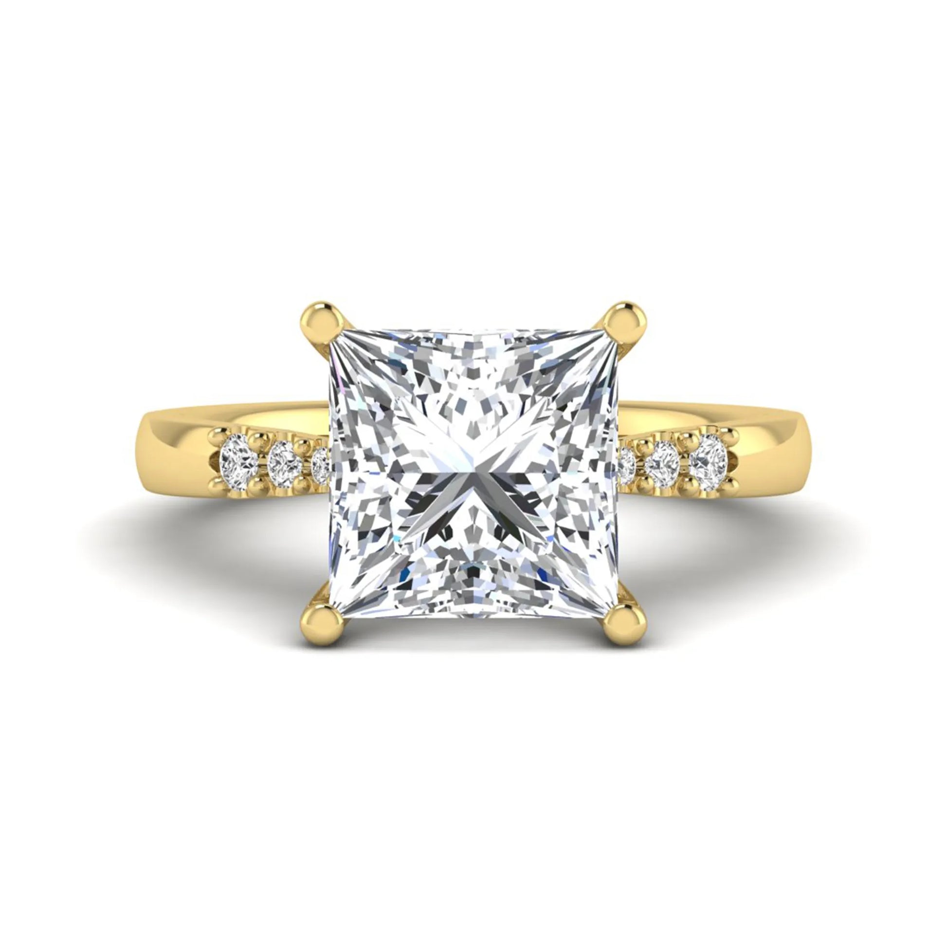 Princess cut lab grown diamond vintage solitaire engagement ring featuring a 4.12 carat IGI certified center diamond with vintage scrollwork and round diamond accents in yellow gold
