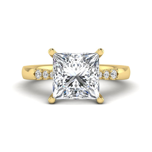 Princess cut lab grown diamond vintage solitaire engagement ring featuring a 4.12 carat IGI certified center diamond with vintage scrollwork and round diamond accents in yellow gold