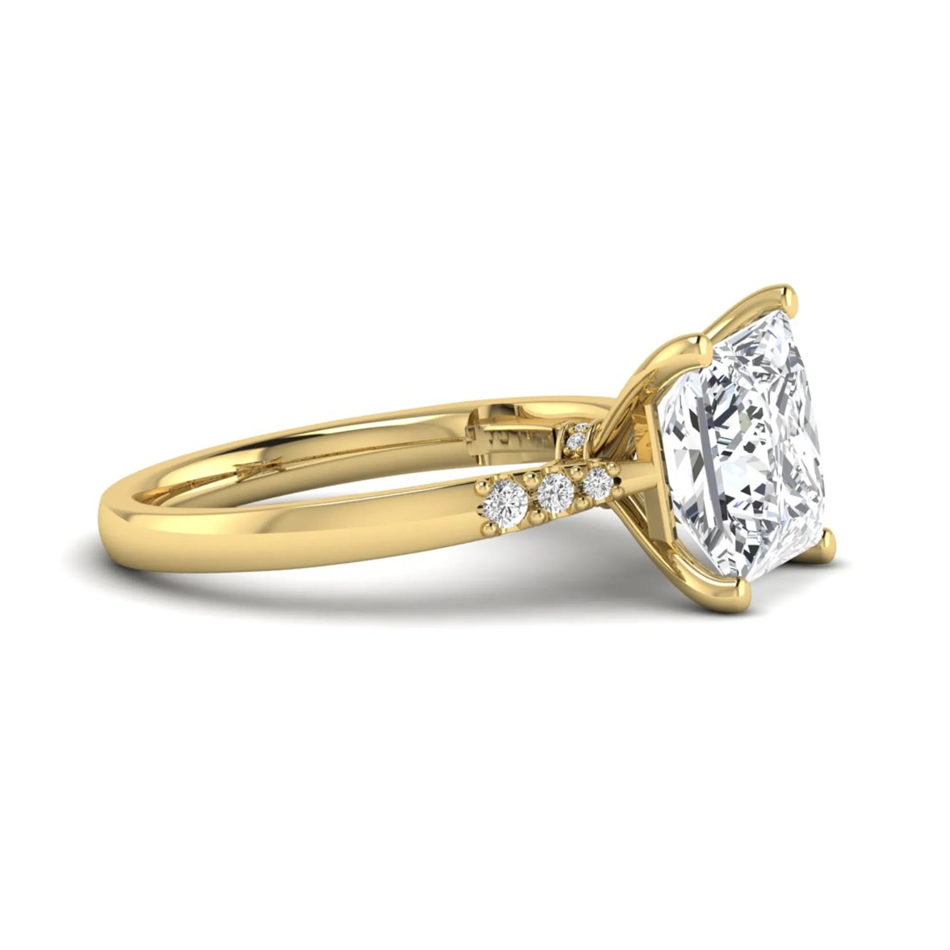 Princess cut lab grown diamond vintage solitaire engagement ring featuring a 4.12 carat IGI certified center diamond with vintage scrollwork and round diamond accents in yellow gold