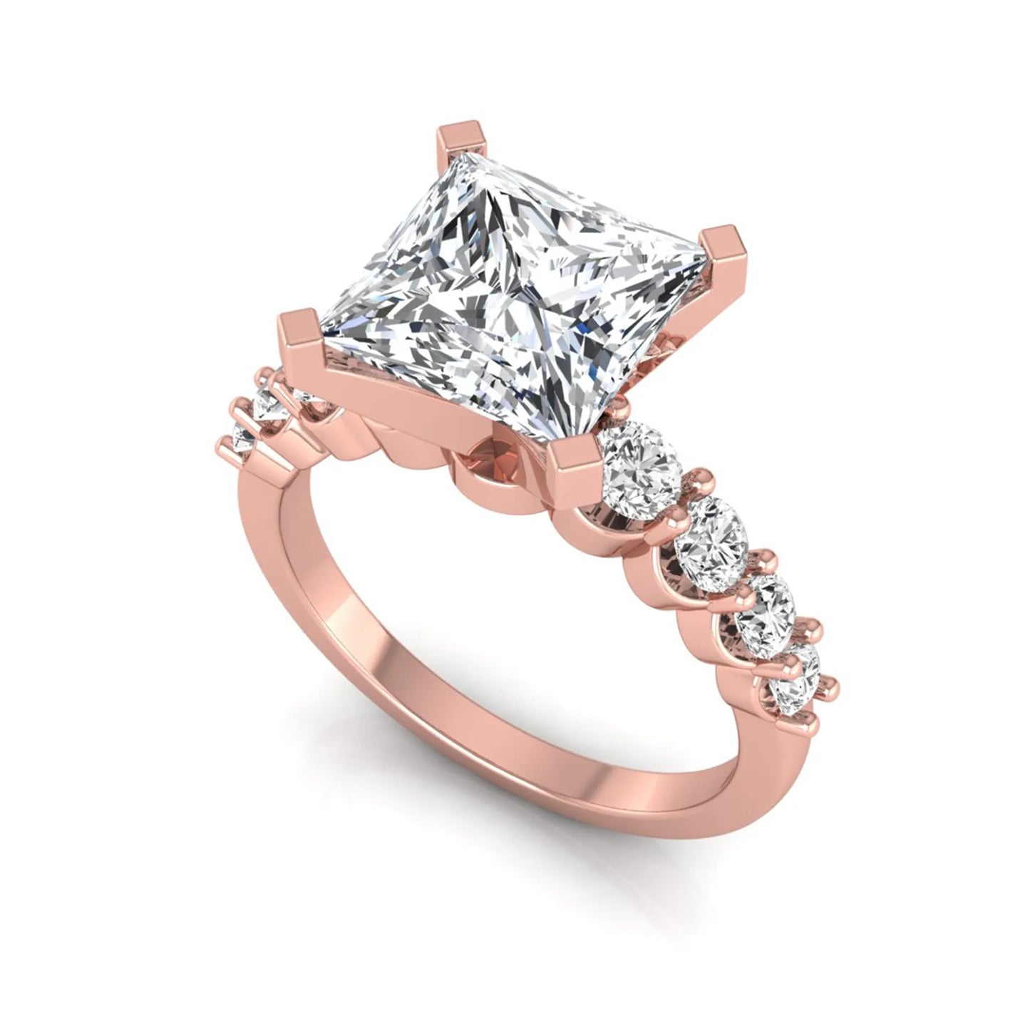 Princess cut lab grown diamond engagement ring with round side diamonds in rose gold.