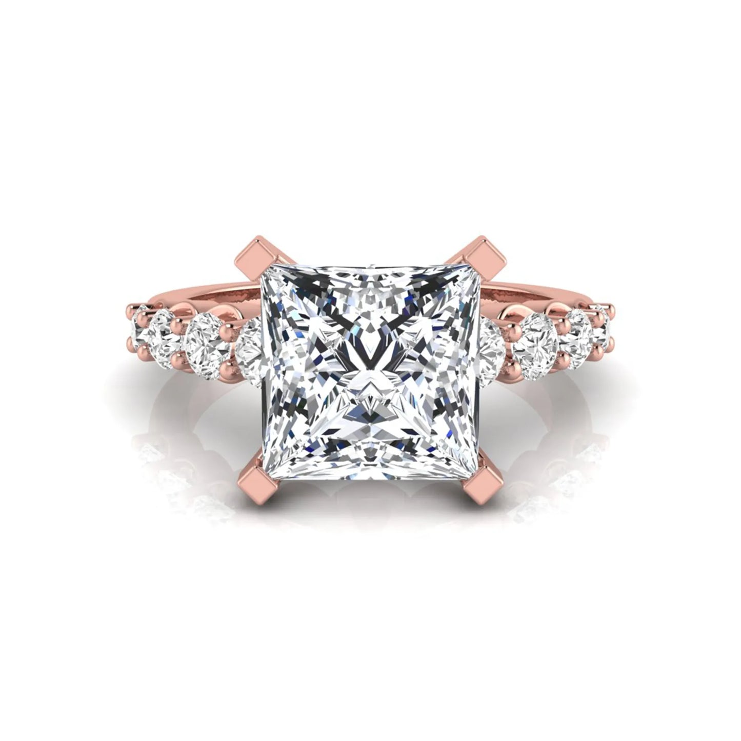 Princess cut lab grown diamond engagement ring with round side diamonds in rose gold.