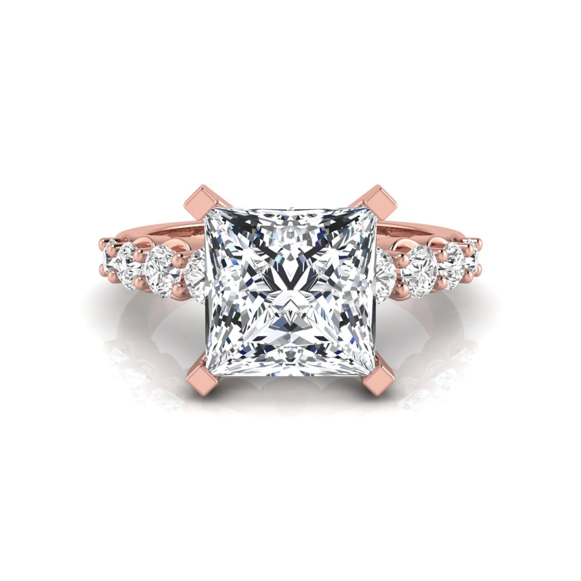 Princess cut lab grown diamond engagement ring with round side diamonds in rose gold.