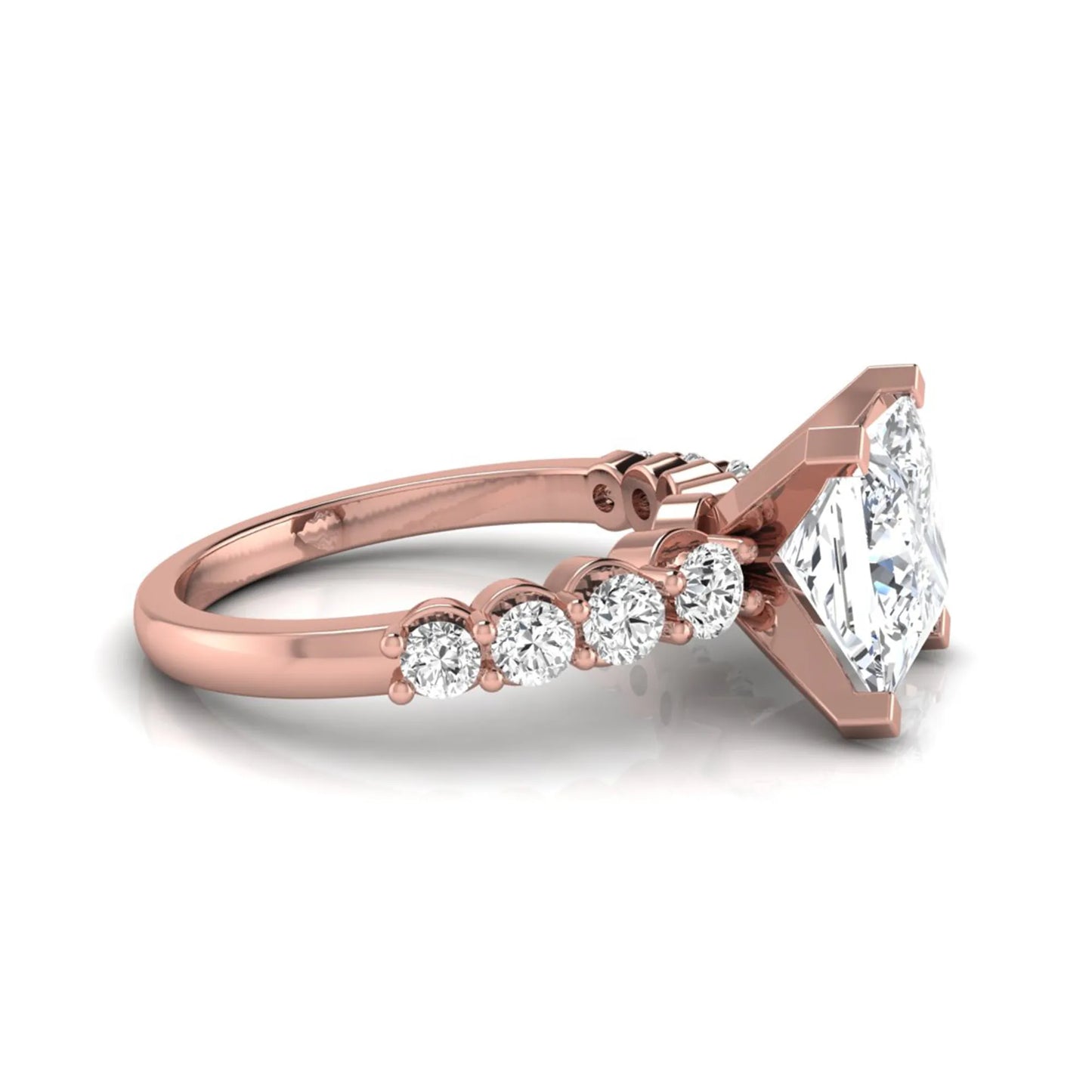 Princess cut lab grown diamond engagement ring with round side diamonds in rose gold.