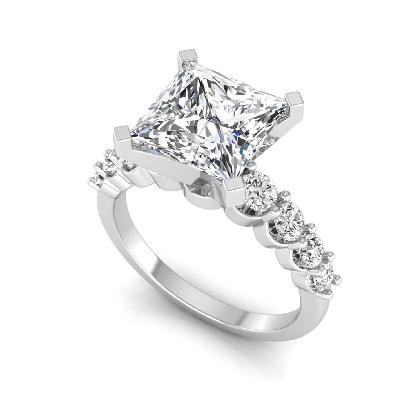 Princess cut lab grown diamond engagement ring with round side diamonds in white gold.
