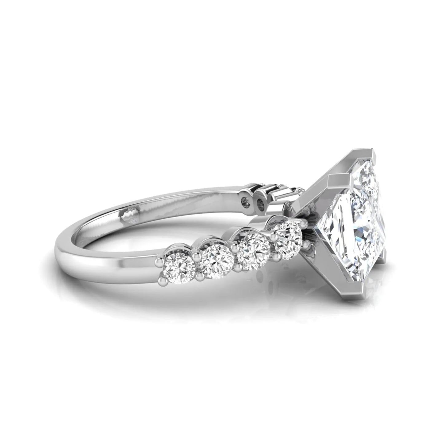 Princess cut lab grown diamond engagement ring with round side diamonds in white gold.
