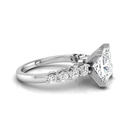 Princess cut lab grown diamond engagement ring with round side diamonds in white gold.