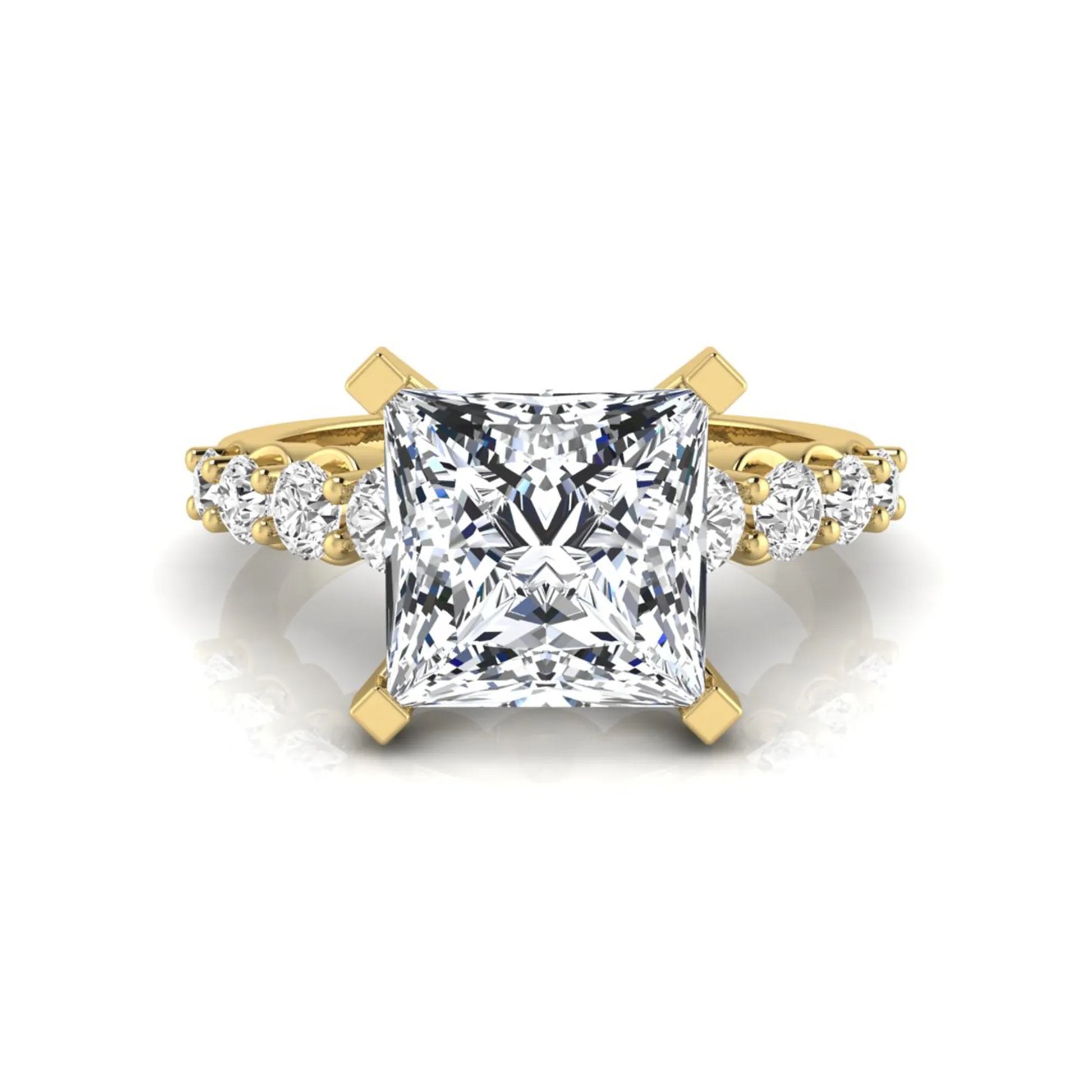 Princess cut lab grown diamond engagement ring with round side diamonds in yellow gold.