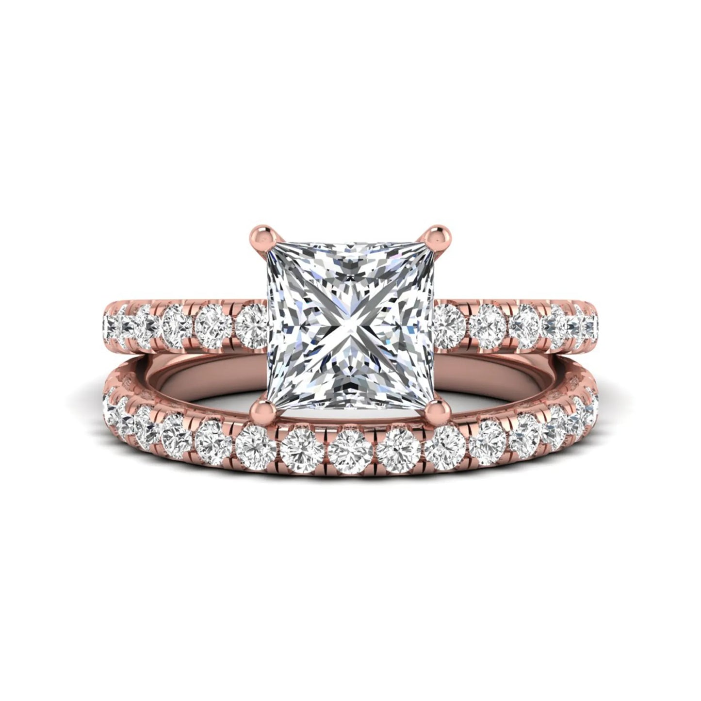 Princess Cut Solitaire Pavé Bridal Ring Set featuring a 7.00 mm IGI Certified lab grown diamond with matching round diamond pavé engagement ring and wedding band in rose gold