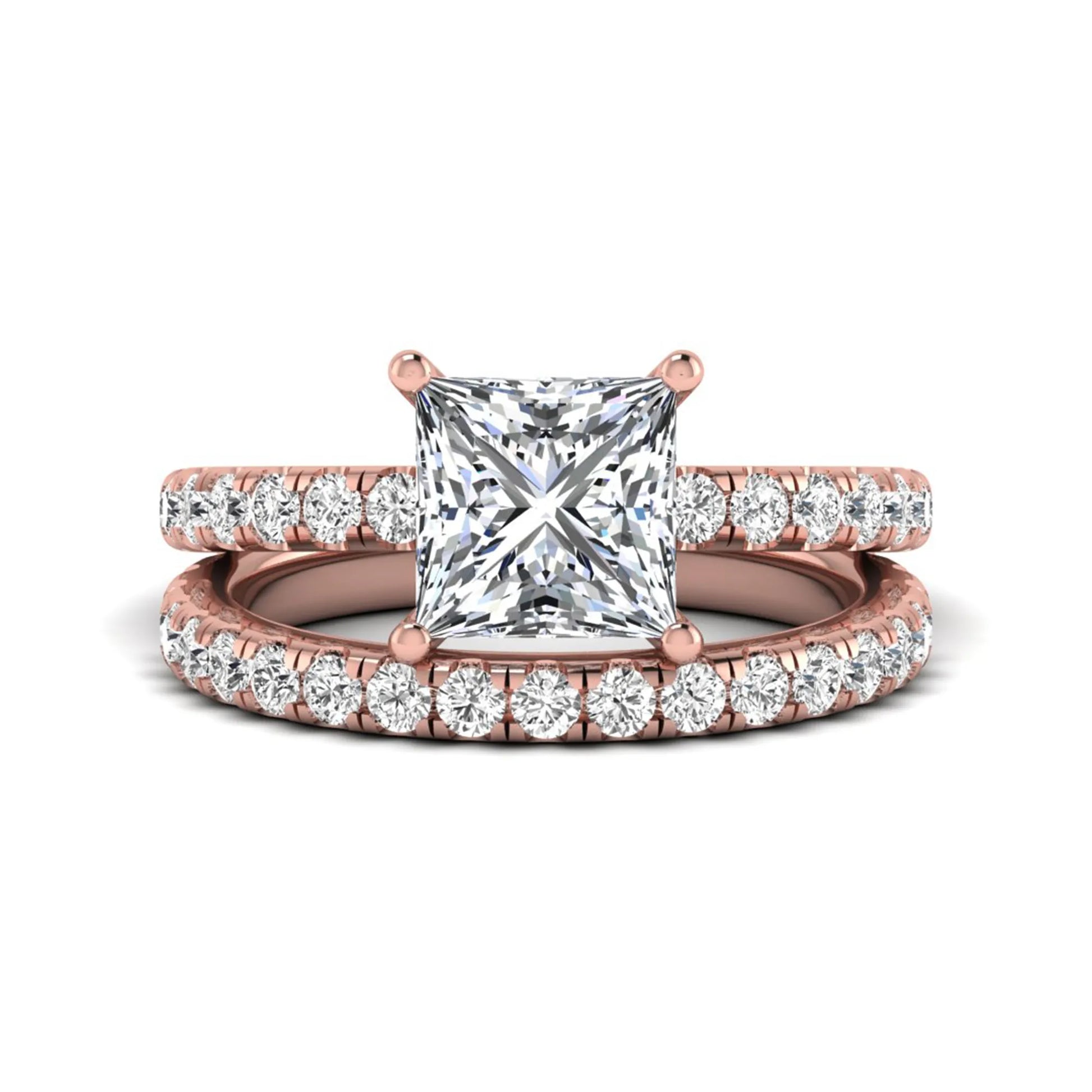 Princess Cut Solitaire Pavé Bridal Ring Set featuring a 7.00 mm IGI Certified lab grown diamond with matching round diamond pavé engagement ring and wedding band in rose gold