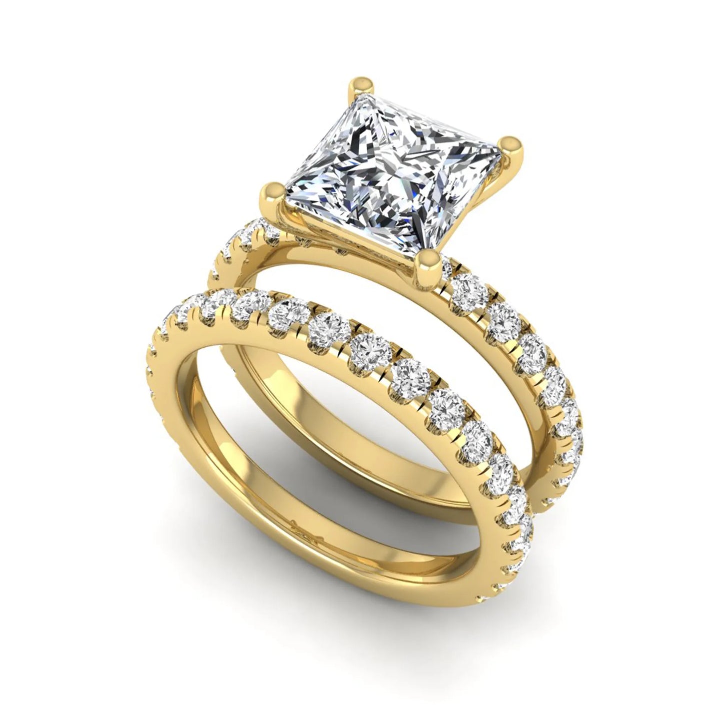 Princess Cut Solitaire Pavé Bridal Ring Set featuring a 7.00 mm IGI Certified lab grown diamond with matching round diamond pavé engagement ring and wedding band in yellow gold